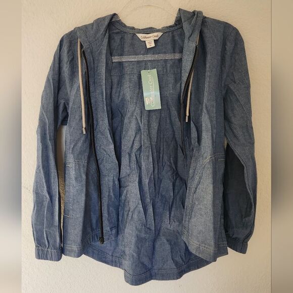 🌟2 For $25 Coldwater Creek Chambray Blue lightweight Hooded Jacket Size Small - Picture 1 of 4